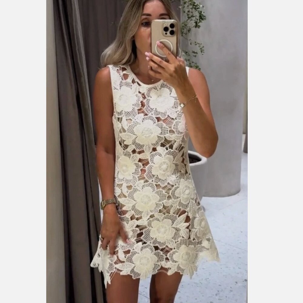 Zara ZW collection White Floral Lace Mini Dress - Picture 9 of 9